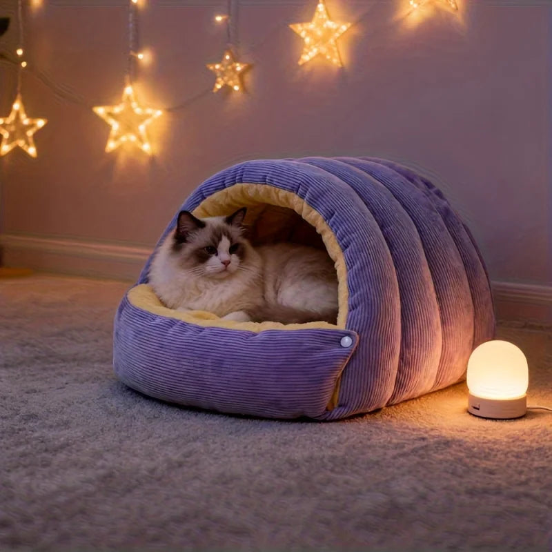 Arctic Fleece Cat Cave Bed - Enclosed Cozy Retreat for Cats