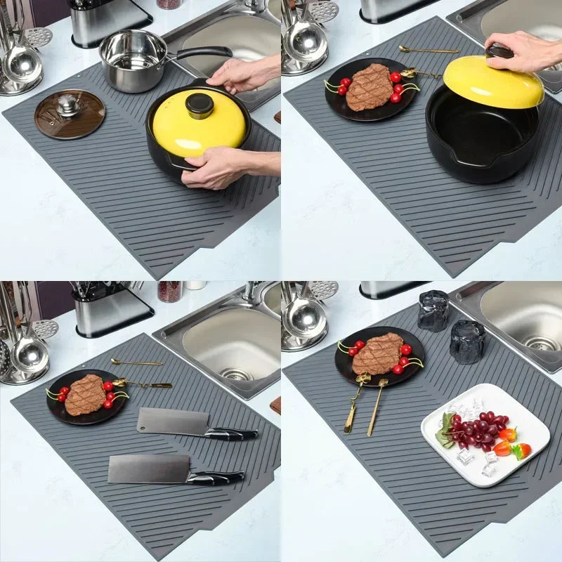 Silicone Dish Drying Mat with Drain Design for Kitchen Use