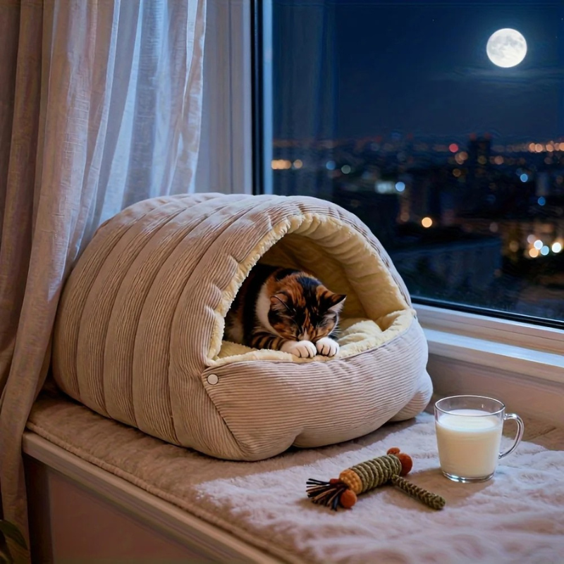 Arctic Fleece Cat Cave Bed - Enclosed Cozy Retreat for Cats
